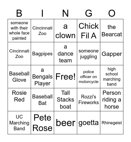 Reds Opening Day Parade BINGO Card