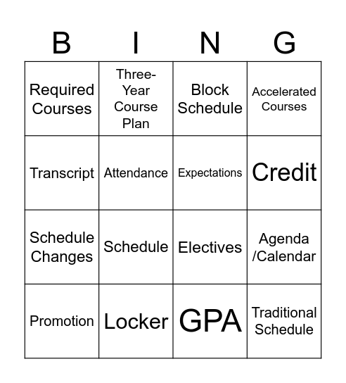 Middle School Bingo Card