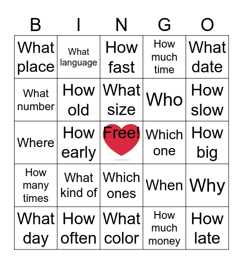 Question Words Bingo Card