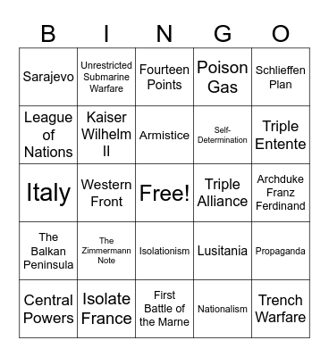 The "Great War" WWI Bingo Card