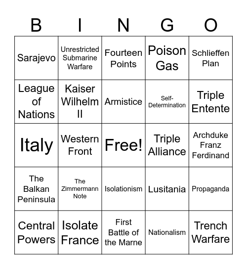 The "Great War" WWI Bingo Card