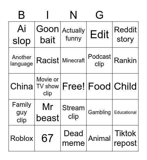 YT shorts bingo Card