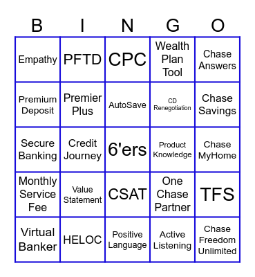 JP Morgan Chase Bingo Card
