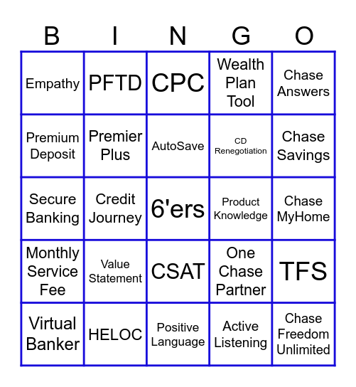 JP Morgan Chase Bingo Card