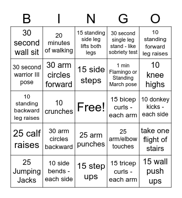Fitness Bingo Card