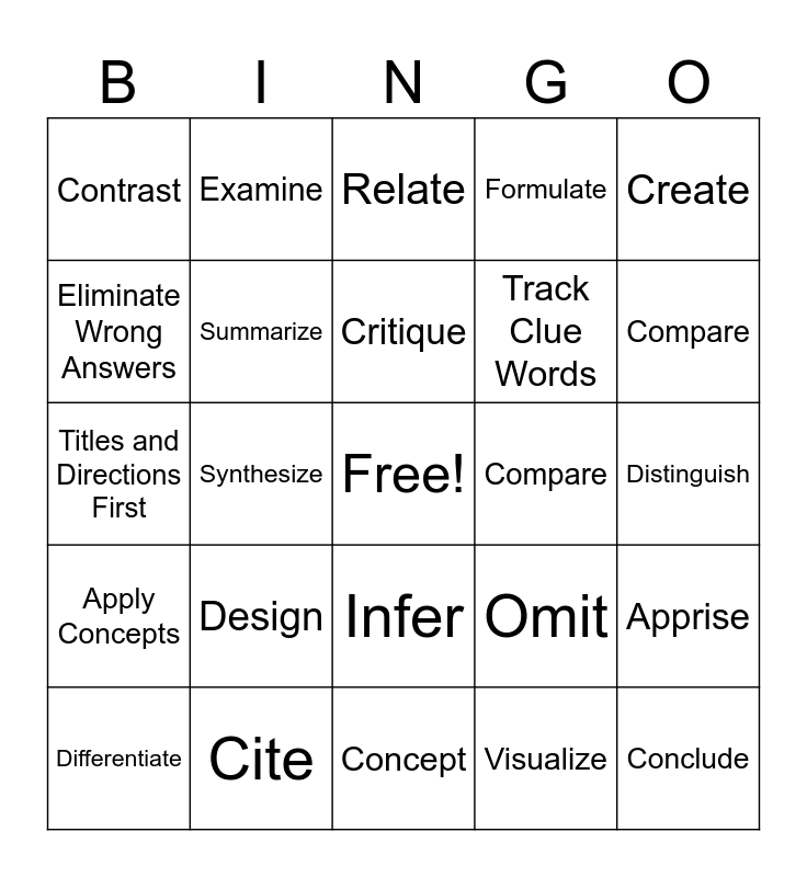 Common Testing Words Bingo Card