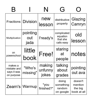 Math Class Bingo Card