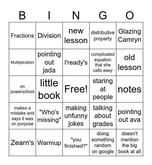 Math Class Bingo Card