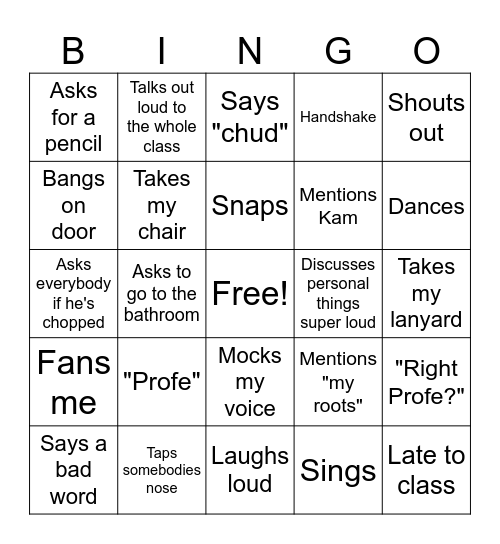 2nd  Period Bingo Card
