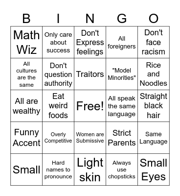 Asian Stereotypes Bingo Card