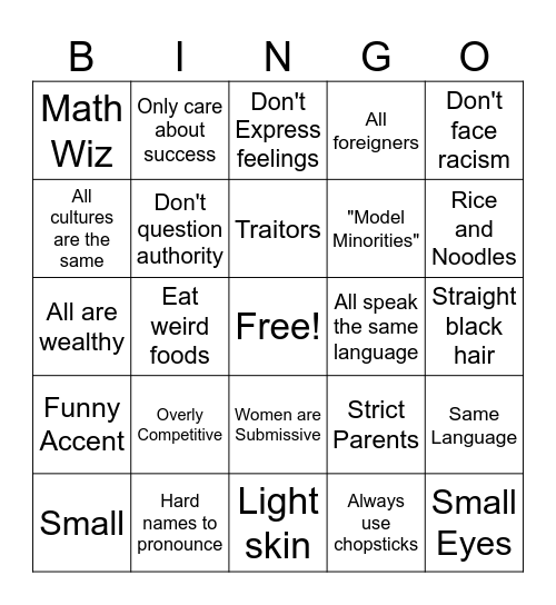 Asian Stereotypes Bingo Card