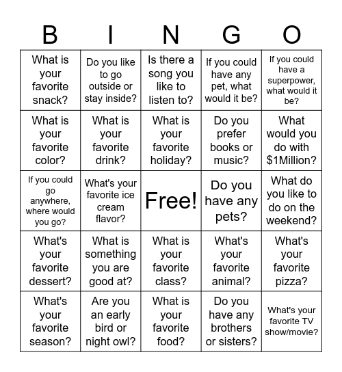 Getting To Know You!! Bingo Card
