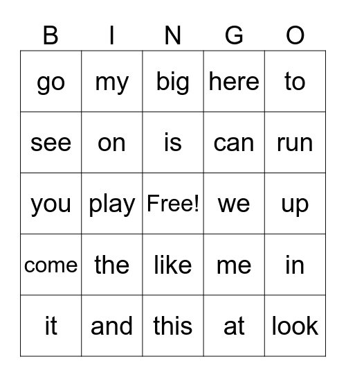 Sight Word Bingo 1/2 Bingo Card