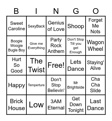 Dance Songs Bingo Card