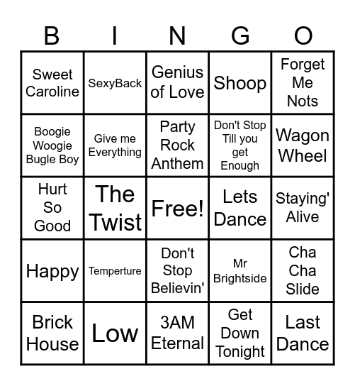 Dance Songs Bingo Card