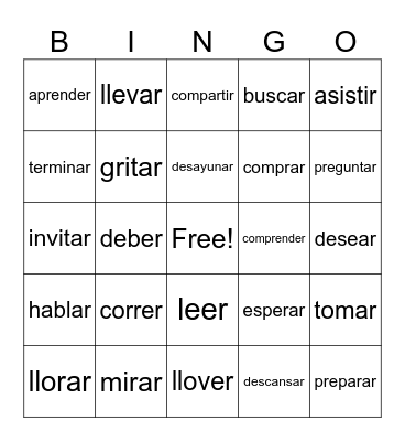 er/ir/ar Verbs Bingo Card