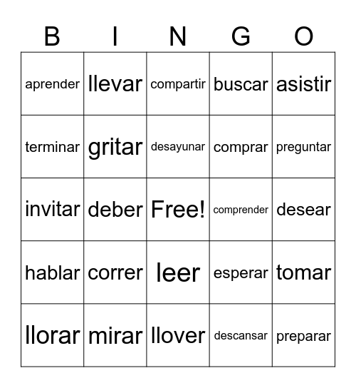 er/ir/ar Verbs Bingo Card