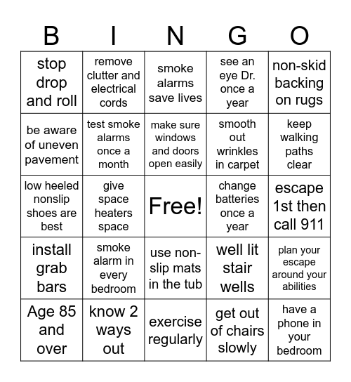 Fire and Fall Prevention Bingo Card