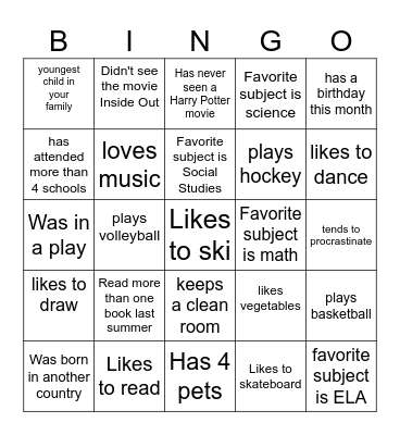 Getting to Know You Bingo Card