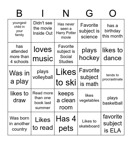 Getting to Know You Bingo Card