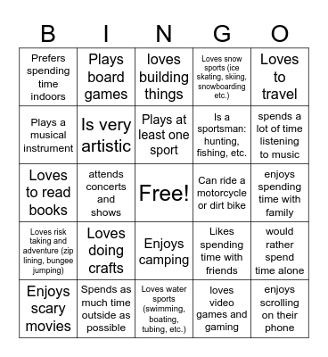 Interest Bingo Card