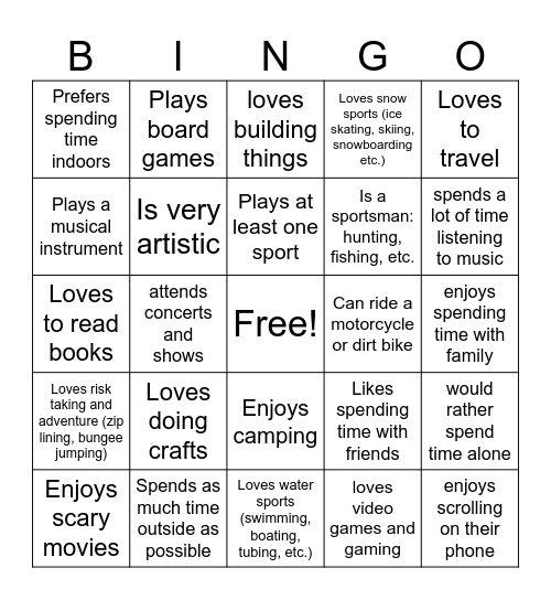 Interest Bingo Card