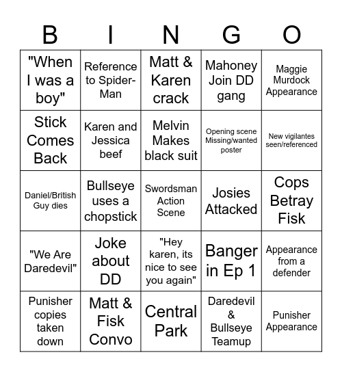 Daredevil Born Again S2 Bingo Card