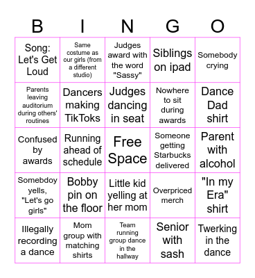 Dance Competition Bingo for Moms- Shooting Stars Edition Bingo Card