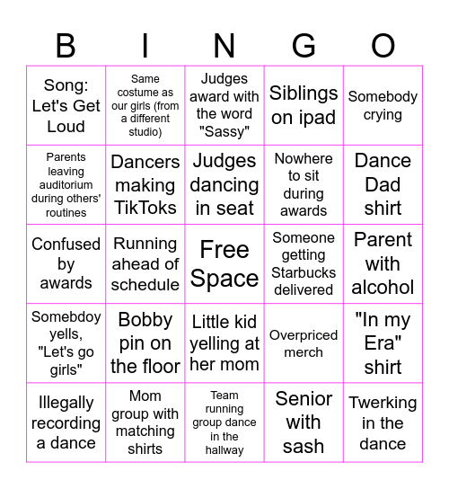 Dance Competition Bingo for Moms- Shooting Stars Edition Bingo Card