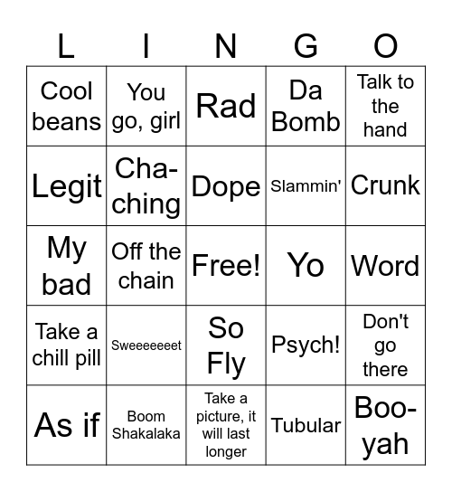 90's Lingo Bingo Card
