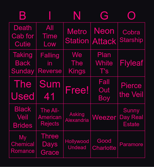 emo bands bingo Card
