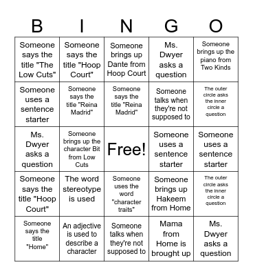 Socratic Seminar Bingo Card