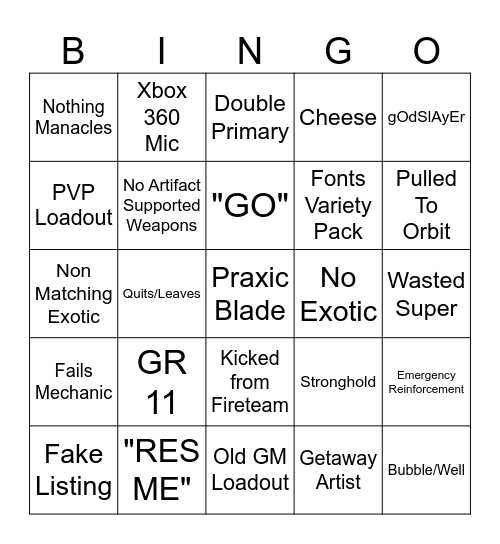 Grandmaster Bingo Card