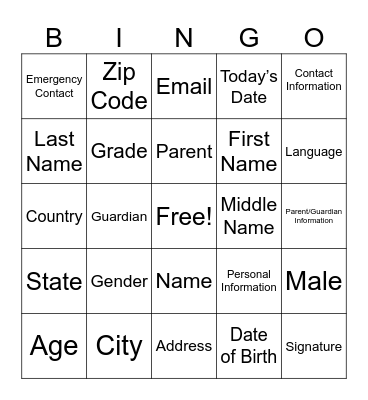 Personal Information Bingo Card