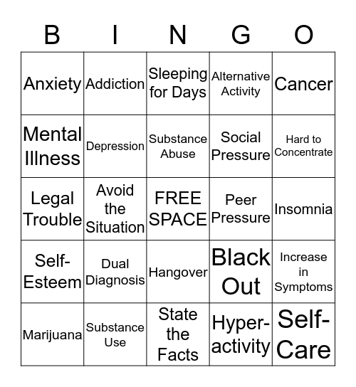 Dual Diagnosis Bingo Card