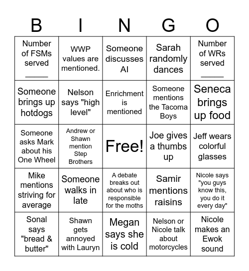 Talk Huddle BINGO Card