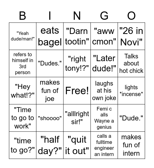 Wayne Bingo Card