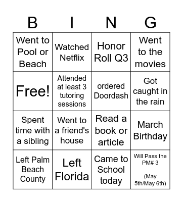 Spring Break Bingo Card