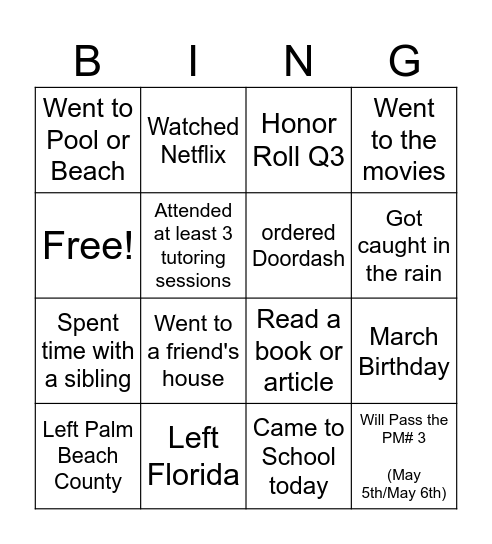 Spring Break Bingo Card