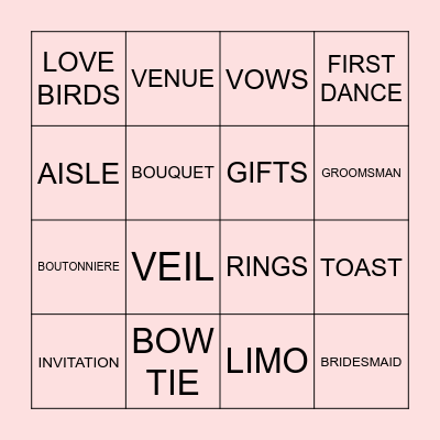 Eugene's Wedding Shower Bingo Card