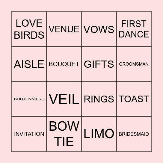 Eugene's Wedding Shower Bingo Card