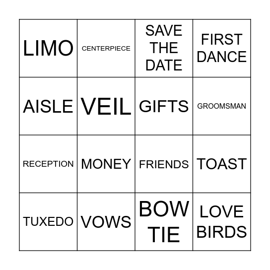 Eugene's Wedding Shower Bingo Card