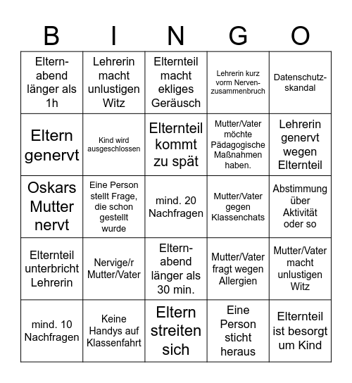 Elternabend Klassenfahrt Bingo Card