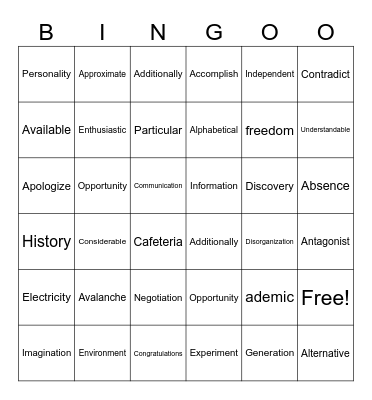 Multi-syllabic word Bingo Card