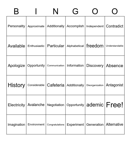 Multi-syllabic word Bingo Card