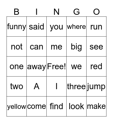 Sight Word Bingo Card