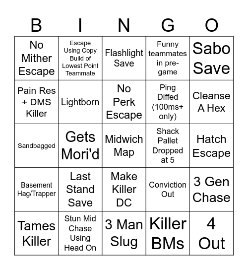 Dead By Daylight Survivor Bingo Card