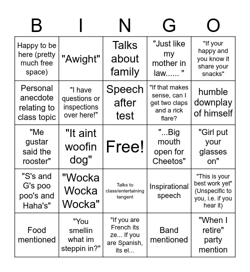 Mr. Cline Bingo Sheet Bingo Card