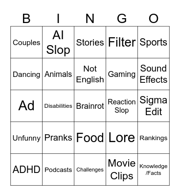 yt shorts bingo Card