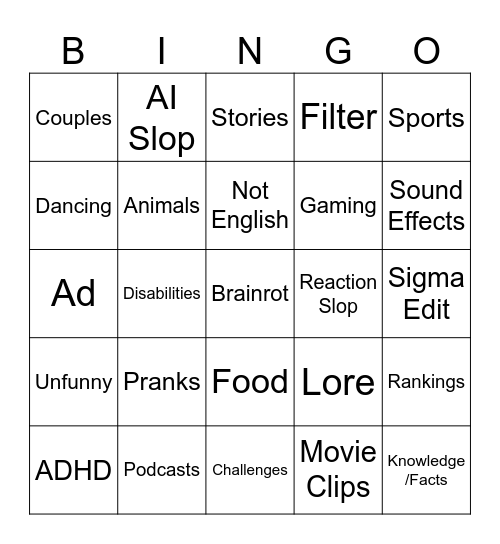 yt shorts bingo Card